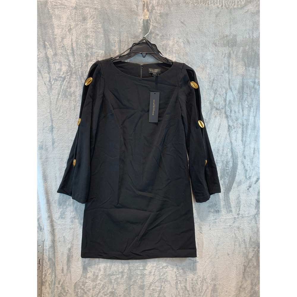 Donna Karan New York Black Sheath Dress Gold Button Slit Sleeve 2P KT4C18J7